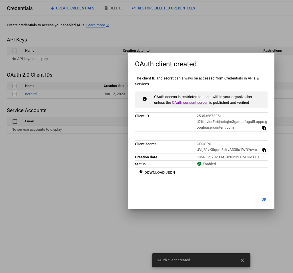 OAuth client created