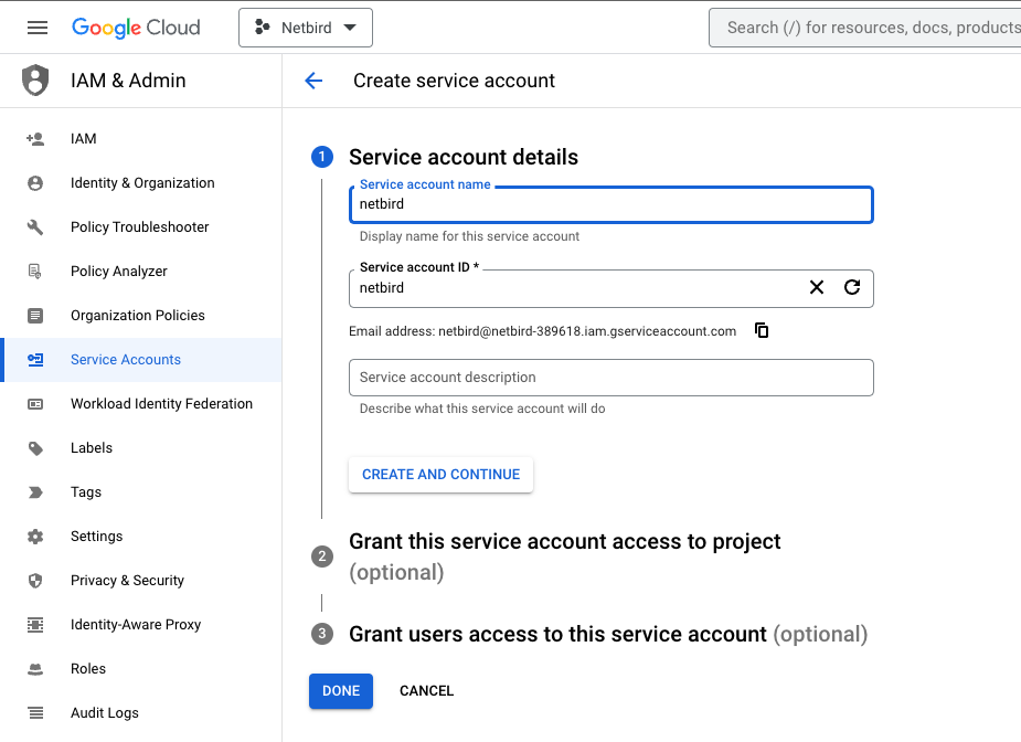 Create service account