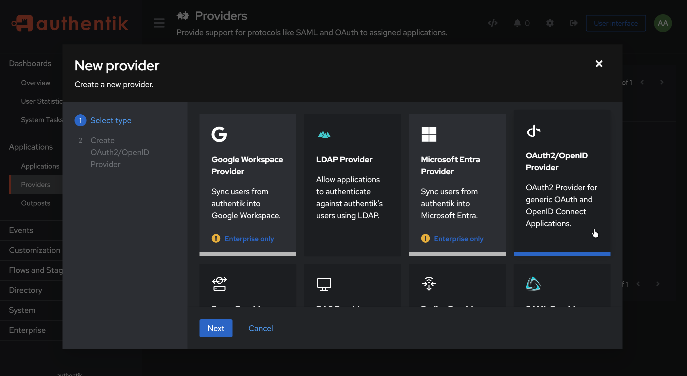 Select OAuth2/OpenID Provider type