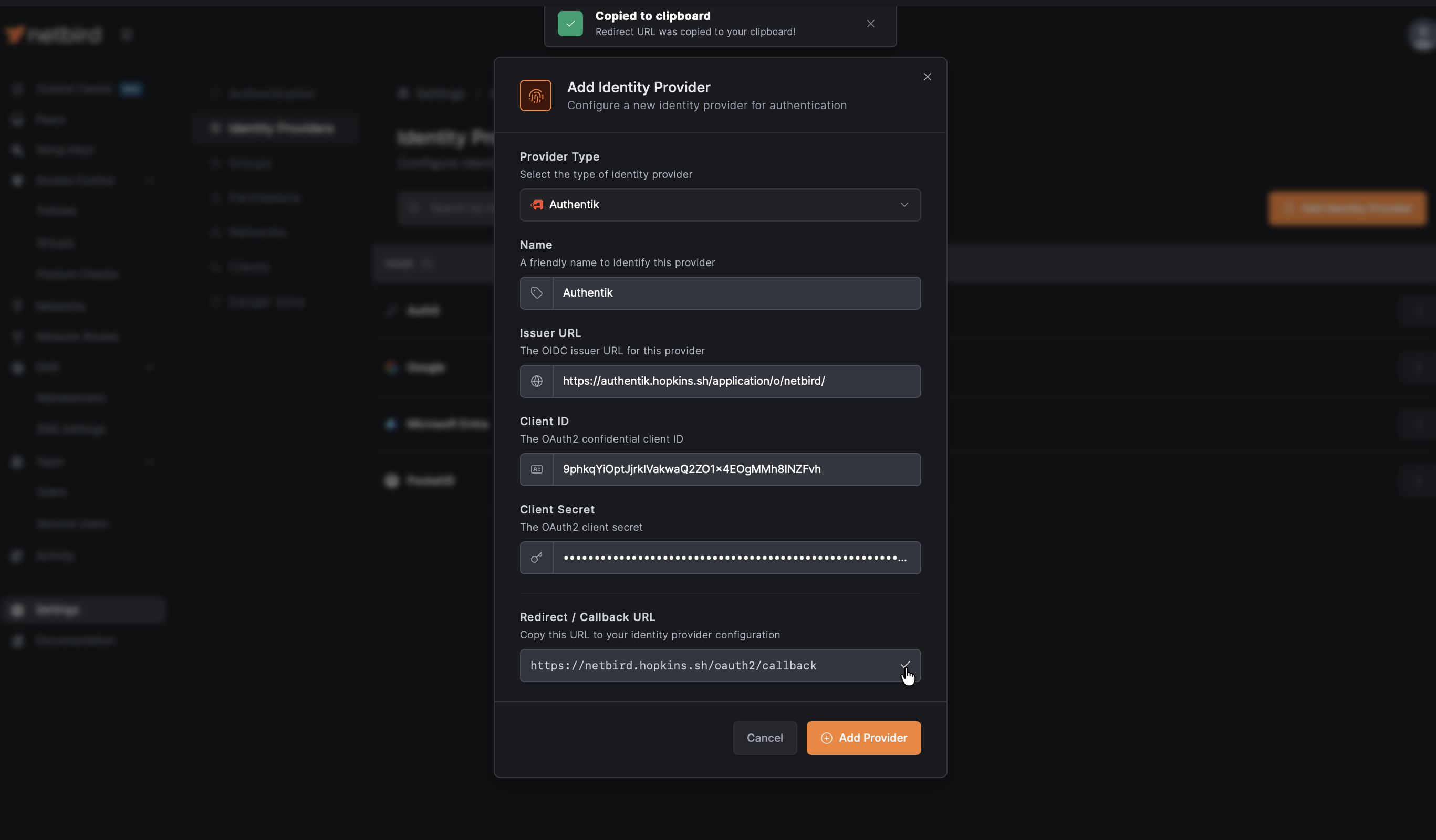 NetBird configuration and copy redirect URL