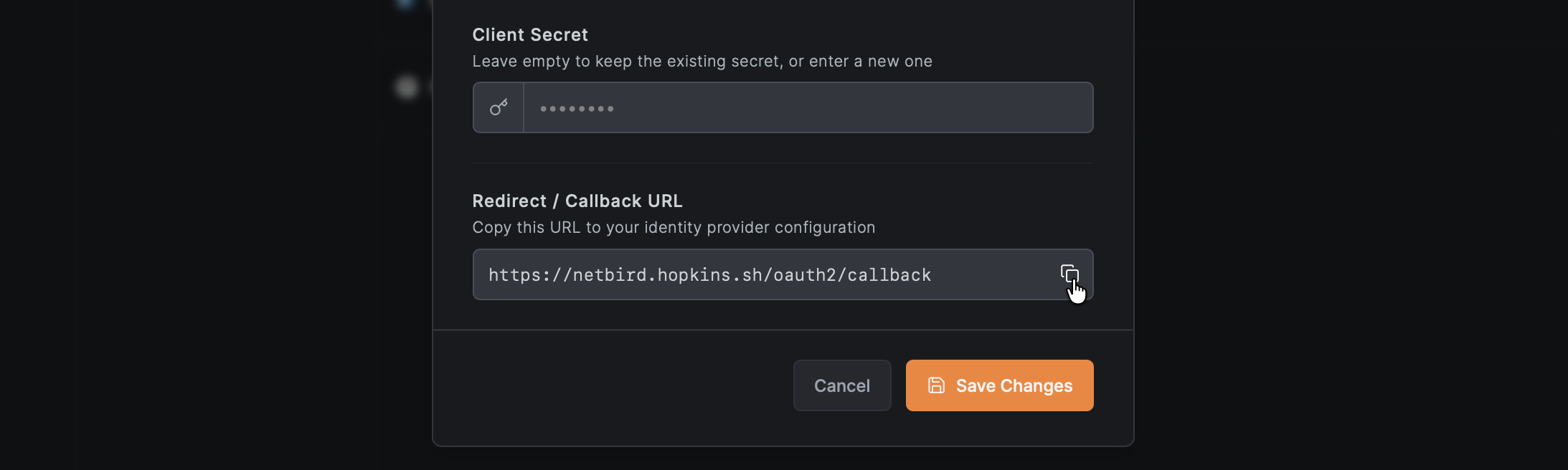 Copy redirect URL from NetBird